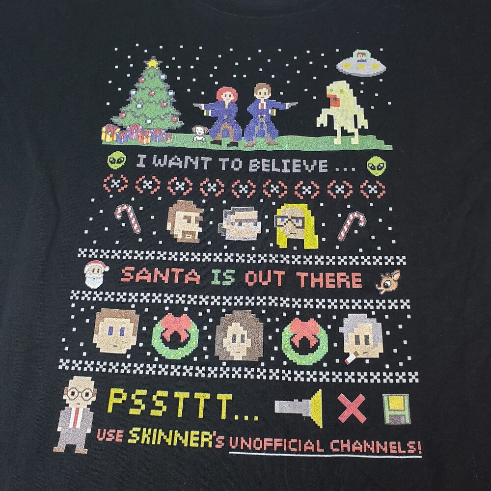 Womens Black Boat Neck Top Shirt ~ Ugly Sweater Print I Want to Believe Sz M
